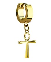 Dangling Egyptian Ankh Cross Gold Tone Stainless Steel Huggie Hoop Earring - £10.64 GBP