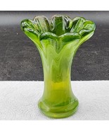 Vintage Art Glass Tulip Vase, Hand-Blown Jade Emerald Green Ombre, 6” Un... - $12.85