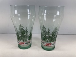 Pair Coca Cola Coke Christmas Trees Holly Trimmed Glass Tumblers Set 2 New - $8.86