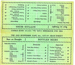 The Old Budweiser Cafe Beer Menu Tent Card 1930&#39;s Philadelphia Pennsylvania - £38.79 GBP