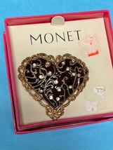 Monet Dark Red Enamel Valentine Heart w Goldtone Lace Edge &amp; Clear Rhinestone - £17.51 GBP