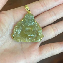 14K Solid Yellow Gold Brown Jade Carving Laughing Buddha Pendant Male Buddhist - £391.22 GBP