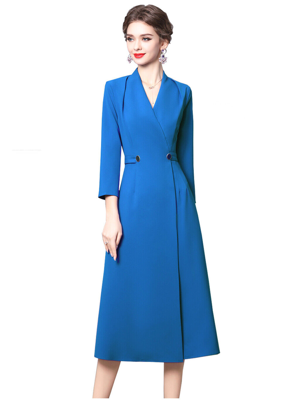 Kate Middleton Inspired Blue 3/4 Sleeve Double-Breasted Wrap Coat Dress OZ Stock Item image 4