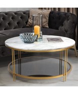 Round Coffee Table, Gold Coffee Tables with Marble Print Top, 2-Tier, 36... - £324.08 GBP