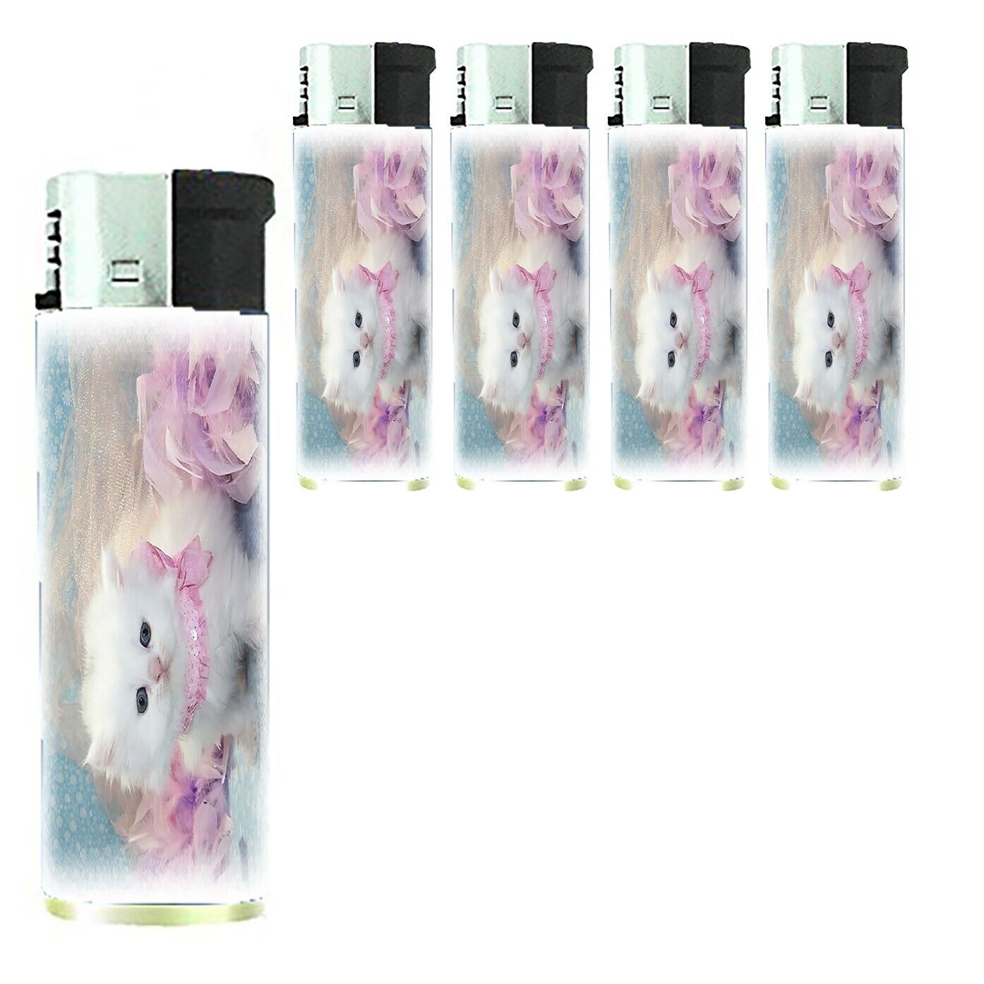 Glamour Kitten Lighters Set of 5 Electronic Refillable Butane Pink Girly