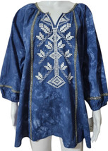 New Calessa Women&#39;s Blue Aztec  Embroidered Tunic Top Casual Colorful - £30.15 GBP