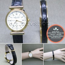 Gold Color Women Wrist Watch Black Leather Strap with extra Brass Bangle... - £20.77 GBP