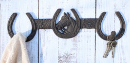 Rustic Western Horse Head With 3 Horseshoes Lucky Charm Double Wall Coat Hook - £19.97 GBP