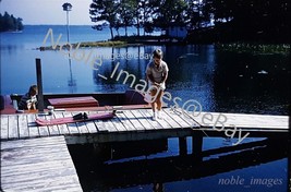 1960 Wood Ski Boat Pier Kids Fishing Small Lake Kodachrome 35mm Color Slide - £2.77 GBP