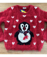 Lupilu Girls 2-4Y Red Fuzzy Winter Sweater Eyelash Penguin Hearts Crewne... - £14.09 GBP