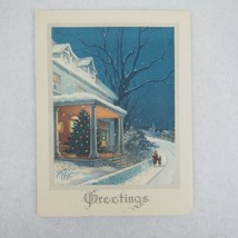 Vintage Litho Greeting Christmas Card &amp; Envelope Snowy Night House Tree ... - $9.99