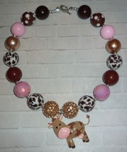 Brown Cow Enamel Pendant on Chunky Bubble Gum Bead Necklace for Girls - £15.81 GBP