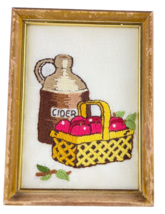 Finished Needlepoint Embroidery Apple Cider Jug Basket of Apples Framed ... - $25.74