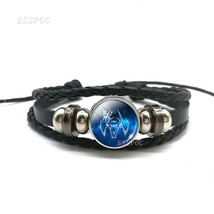 Fashion 12 Zodiac Signs Bracelets Constellation Glass Dome Black Leather Bracele - £8.70 GBP