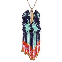 Vintage Multicolor Seed Beads Indian Tribal Necklace Gold Tone Feather J... - $35.43