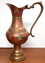 Large Enamel Brass Pitcher Solid Engraved Handmade 20&quot; Stout Gold Red Bl... - $47.45