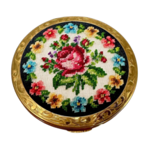 Petit Point Compact Gold Tone Metal White Black Red Blue Floral Circ 1950s - £47.41 GBP