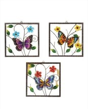Butterfly Wall Plaques Set of 3 Hanging 12" square Metal Glass 3D Flowers Fence
