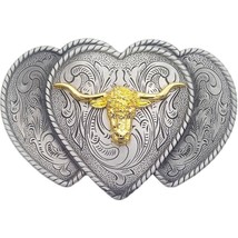 Golden Longhorn Bull Heart-Shaped Design Silver Metal Women&#39;s Belt Buckle - $11.87