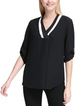 Calvin Klein Womens Contrast Neck Roll Tab Sleeve Top,Black,X-Small - $44.55