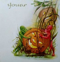 Halloween Postcard Fantasy Red &amp; Green Devils In Swamp Frog Giant JOL Gi... - £132.35 GBP