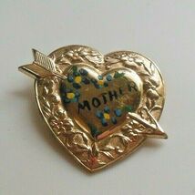 Vintage Gold-tone Heart Mother Brooch W/Painted Flowers - $13.85