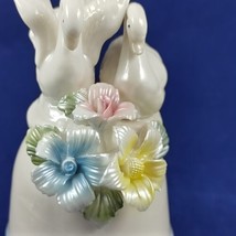 Ceramic White Swans Bell Pearlescent Pastel Flowers Decor 6 inches Tall Wedding - £11.08 GBP