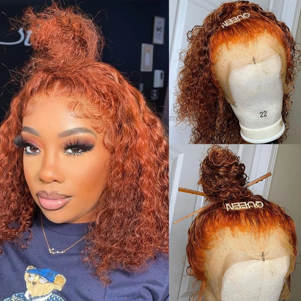 Ginger Orange Curly Water Wave 13x6 Lace Front Wig Short Bob Pixie Deep Wave 5x5 - £62.48 GBP+
