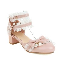 Japanese Harajuku Princess Lace Edge Lolita Sandals High Chunky Heels Sweet Roun - £56.93 GBP