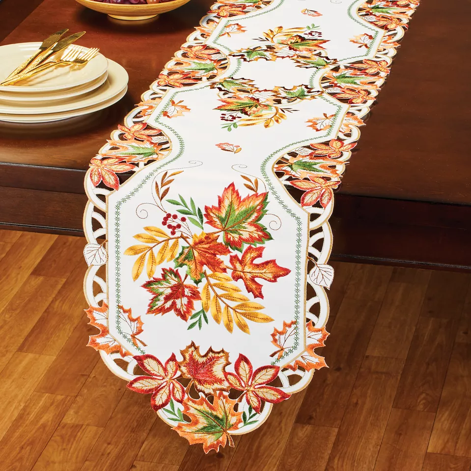 Embroidered Cutwork Fall Foliage Tale Linens Runner 68&quot;L x 13 1/2&quot;W - £33.14 GBP