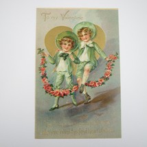 Tuck Postcard Greeting Valentine Boys Green Pink Flowers Gold Embossed UNPOSTED - £7.85 GBP
