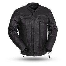 Men&#39;s Biker Leather Jacket Raider Scooter Style W/ Banded Collar By Firs... - $289.99+