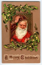 Santa Claus Christmas Postcard Scratches His Head Brown Hat Embossed Germany - £28.71 GBP