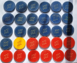 30 Vintage Clay Poker Chips Private Club Marked GCE Hot Stamped Red Blue Yellow - £23.97 GBP