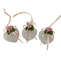 Handmade Heart Ornaments With Pink Ribbons Rose Accents Acrylic - $12.82