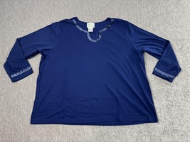 Quacker Factory Shirt Womens 3X Navy Blue Sequin Scoop Neck 3/4 Sleeve T... - $24.74