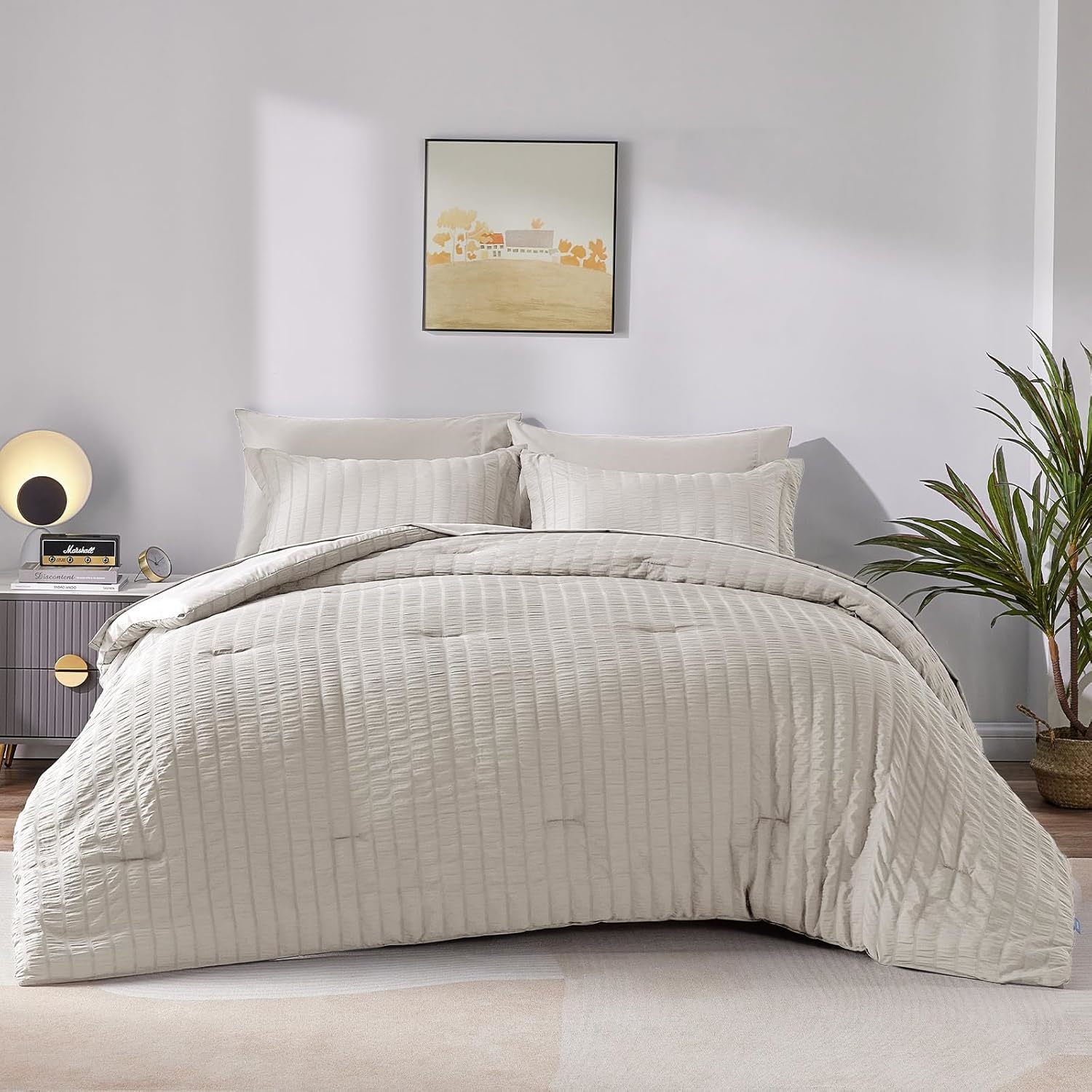 Full Seersucker Comforter Set With Sheets Beige Bed In A Bag 7-Pieces All Season
