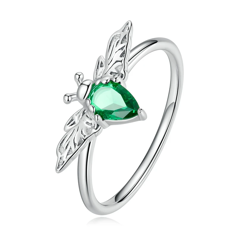 925 Sterling Silver Emerald Crystal Cute Rings For Women Green CZ Honey Bee Four - £19.23 GBP
