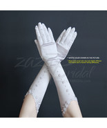 GORGEOUS STRETCH SATIN GLOVES WITH PEARL FLORAL MOTIF AND LACE TRIMMED CUFF - $26.99