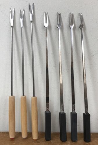 Set Lot 7 Bodum Vtg Style Wooden 2 Prong Fondue Cocktail Hor Dourves Mea... - £18.61 GBP