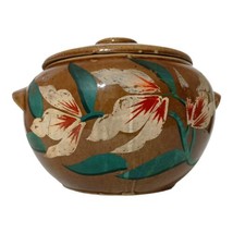 USA Pottery Bean Pot Crock Antique Floral Brown Handpainted 2 Qt Primiti... - £38.77 GBP