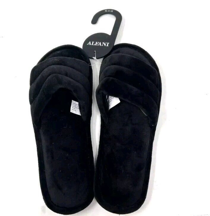 Alfani Black Plush Slide Slippers Open Front Hard Bottom Cushion Size M ... - $18.76