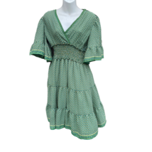 Max Studio Womens A Line Dress Green Geometric Smocked Short Sleeve Ruff... - £13.91 GBP