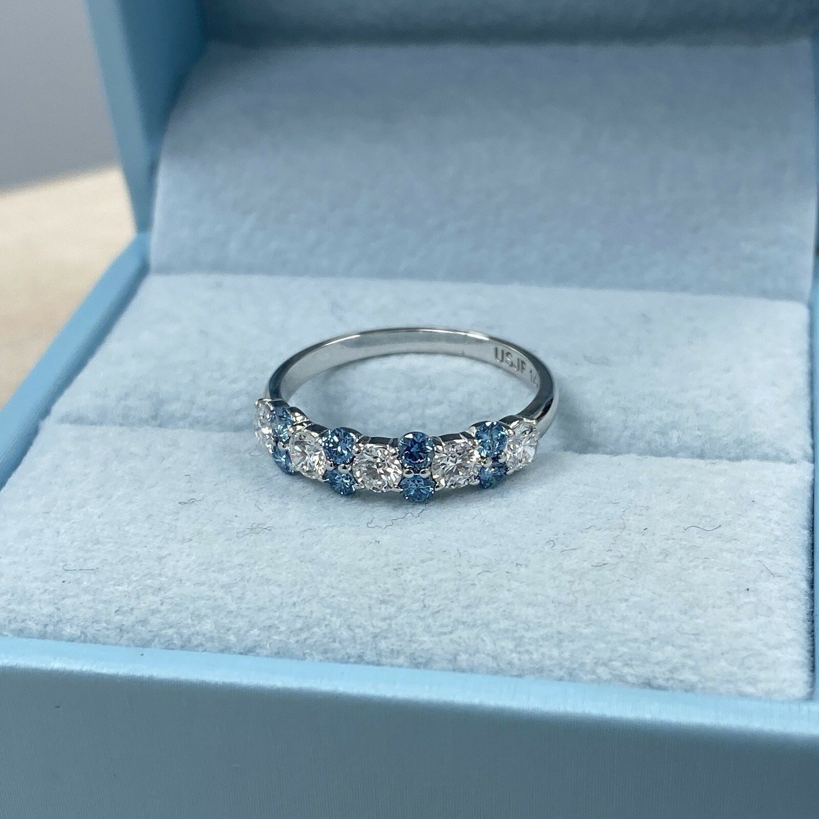 White Blue 1.00 Ct Round Lab Grown Diamond Alternating Wedding Band 14k Gold Item image 3