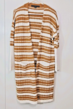 HYFVE Long Cardigan Sweater Small White &amp; Mustard Stripes Knit Open Fron... - £20.86 GBP