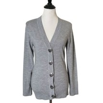Tory Burch Merino Wool Cardigan Gray Sweater Big Logo Buttons Women&#39;s Size M - £49.97 GBP