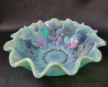 VTG Fenton Blue Green Aqua Holly &amp; Berries Bowl with Opalescent Ruffled ... - $79.19