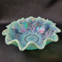VTG Fenton Blue Green Aqua Holly &amp; Berries Bowl with Opalescent Ruffled ... - £61.85 GBP