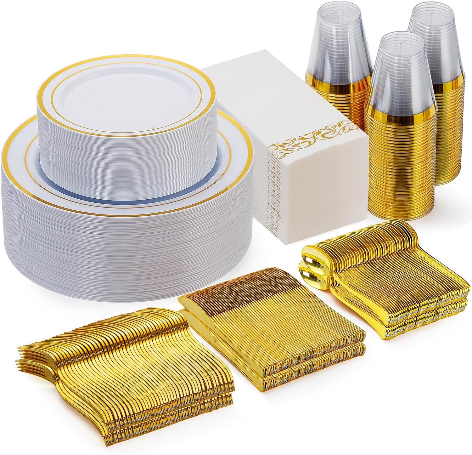 Primary image for 350 Piece Gold Dinnerware Set for 50 Guests Plastic Plates Disposable for Party 