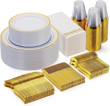 350 Piece Gold Dinnerware Set for 50 Guests Plastic Plates Disposable fo... - $104.50